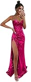 Lvloet Hot Pink Mermaid Prom Dresses Sequin Long Evening Dresses for Women with Slit Sparkly Spaghetti Straps Corset Maxi Sweet 16 Dress Size 12