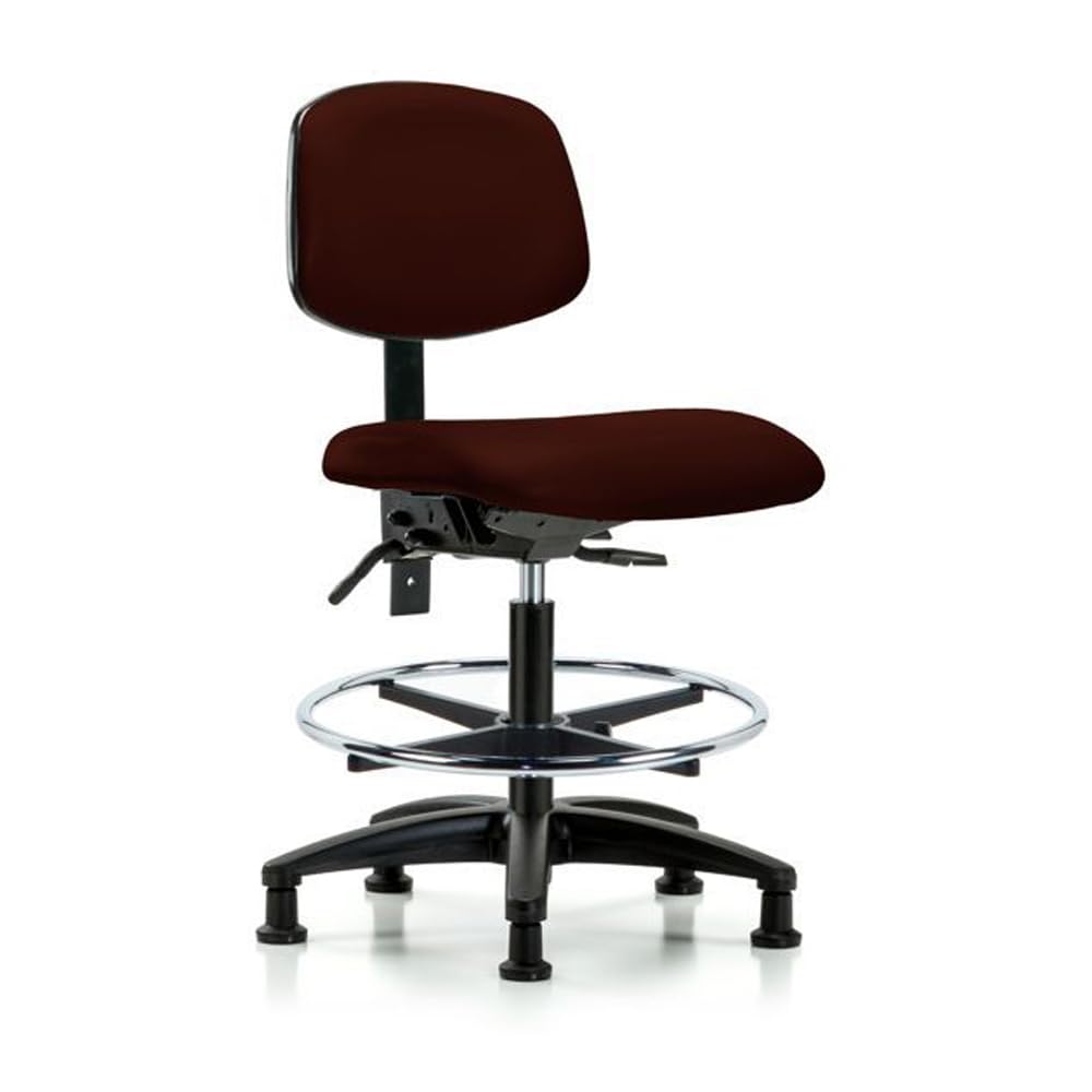 E COM VMBCH-RG-CF-T1-BURGANDY Vinyl Medium Bench Height Chair with Black Nylon Base, With Chrome Foot Ring and Tilt Seat and No Adjustable Arms, 21" to 28" Adjustable Height, Burgandy