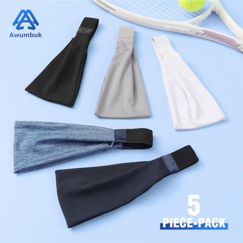 Image of AWUMBUK Sports Headbands for Men, Sweat Bands Headbands Men Absorbent Head Band Stretchy Sweatbands 5 Pack Hair Band Workout Football Running Cycling Fitness (Dark Blue)