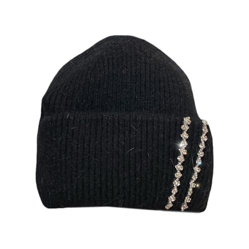 EPIPHQNY Balaclava, Elegant Rhinestones Embellished Hat Fashion Women Winter Hats Warm Walking Hats for Fall and Winter Black