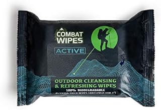 Combat Wipes ACTIVE Outdoor Wet Wipes - Extra Thick Camping Gear, Biodegradable, Body & Hand Cleansing/Refreshing Cloths for Backpacking & Gym w/Natural Aloe & Vitamin E (25 Wipes)