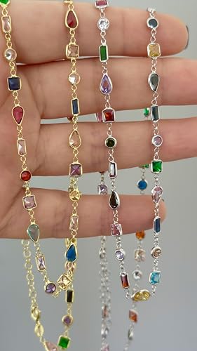 Multicolor Necklace Women - 14K Gold Plated Chain Colorful Gemstone Crystal Diamond, Dainty Rainbow Gem Stone Necklaces, Jewelry Gifts for Her4