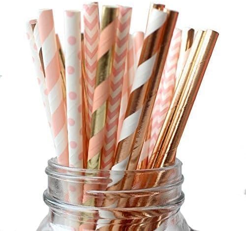 150 Pitillos de papel biodegradables rosa y dorado 19.7 cm miniatura 2