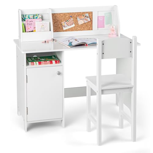 LIFEZEAL Bureau Enfant avec Chaise en Bois, Table d’Etude avec Casier et Etagère, Table...