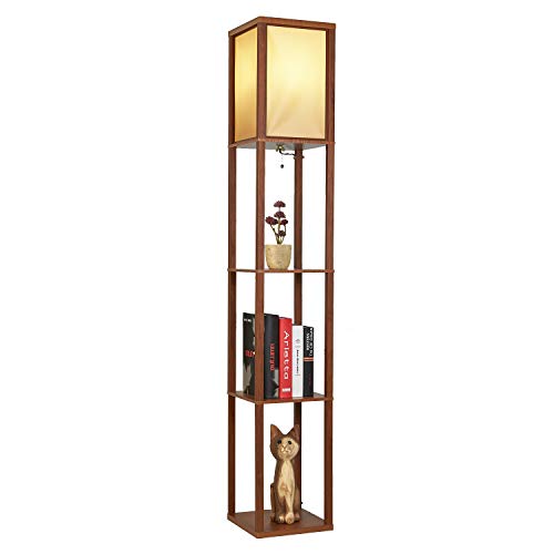 JIINOO Stehlampe LED mit Regal aus Massivholz, Stehlampe Wohnzimmer E27 Stehleuchte Stehlampe Vintage Holz Regal für Schlafzimmer Wohnzimmer Arbeitszimmer Braun Cover