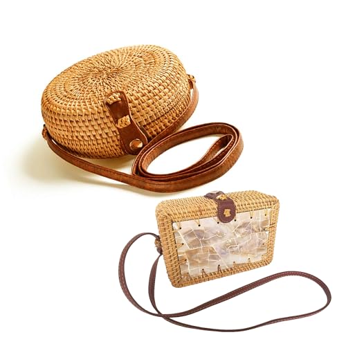 i-lan Handmade Rattan Crossbody Bag Bundle - Round & Square Boho Straw Purse Set - Woven Ata Wicker Shoulder Bag + Clutch for Women, Summer Beach, Brown Bali Straw Handbag