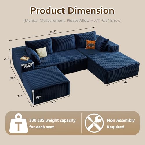 Image of 96 inch U-Shape Cloud Couch, Modern Modular Sectional L-Shape Sofa with Ottoman, Corduroy Upholstered Couches Deep Seat Sleeper Chaise Longue for Living Room, No Assembly Required(Blue, Right Facing)