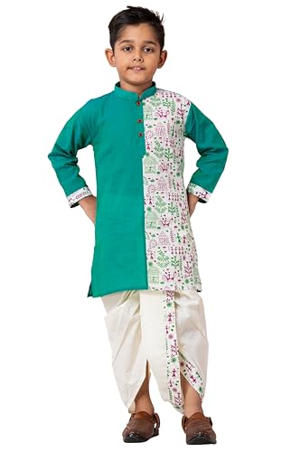 Image of Kids Ethnic Wear - Stylish Half Printed & Vibrant Color Pure Cotton Kurta with Elastic Waist Dhoti Set for Boys