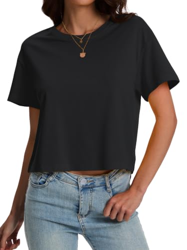 Image of SMENG Women's Crop Tops Cotton Loose Fit Tshirt Basic Short Sleeve Shirt
