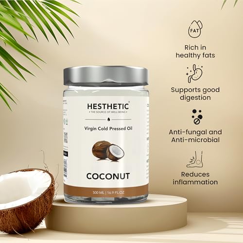 Image of HESTHETIC Cold Pressed Virgin Coconut Oil Combo | Kitchen + Home Pair | Pure Nariyal Tel (VCO) | Unrefined for Cooking, Baking, Hair & Skin Use | Glass Bottles (500ML(Jar))