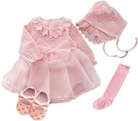 foohinck Newborn Baby Girl Dress Clothes 0 3 6 Months Princess Pink Dress White Baptism Outfit Party Dress Hat Shoes Set (Pink, 0-3 Months)