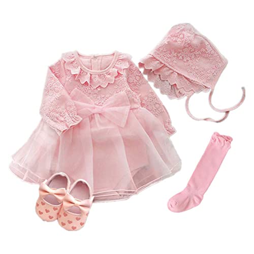 Foohinck Newborn Baby Girl Dress Clothes 0 3 6 Months Princess Pink Dress White Baptism Outfit Party Dress Hat Shoes Set (Pink, 0-3 Months) #TOP29