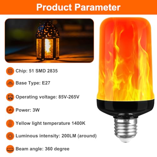AUAUY LED Flame Light Bulb, 3W E27 Flame Effect Bulb, 1400K 3 Lighting Modes - Image 3