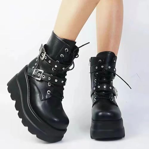 Platform Goth Ankle Boots for Womem Black Holographic Combat Chunky Heel Boots Side Zip Lace Up Wedge Combat Ankle Boots3
