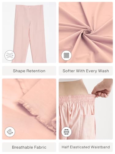 Image of SAADAA Women's Airy Linen Straight Pants | Regular Fit Trousers | Half Elasticated with Drawstrings & Buttons | 4 Pockets | Everyday & Office Wear