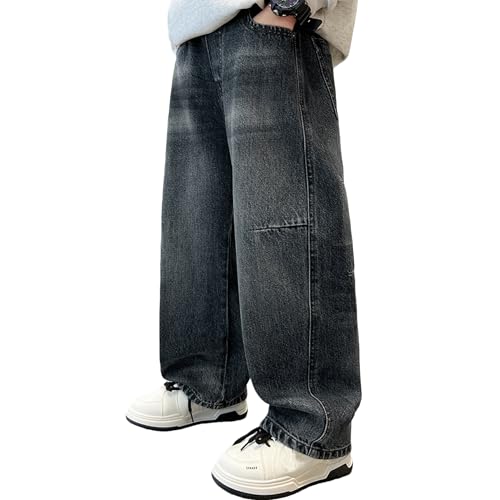 Rolanko Jean Baggy Garçon à Taille Élastiquée Cargo Bootcut Jean de Skateur avec Multiples Poches Pantalon en Denim Vintage Streetwear pour Enfants, Bleu...