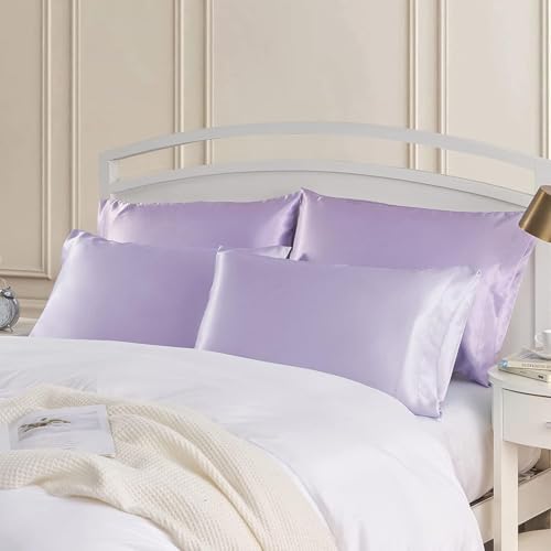 Image of Satin Pillow Covers Set of 2 - Soft & Smooth Pillowcases for Hair & Skin Care | Envelope Closure | Includes 3 Free Random Color Scrunchies | Frizz-Free Sleep Essentials (Lavender)