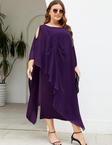 Image of ZOMVA Plus Size Elegant Formal Dress Long Cape Overlay Wedding Guest Formal Cocktail Mother of Bride Outfit, Dark Purple, 2X