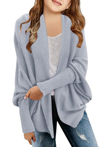 Image of Girls Open Front Cardigan Sweaters Batwing Long Sleeve Shawl Collar Ribbed Knit Winter Coats