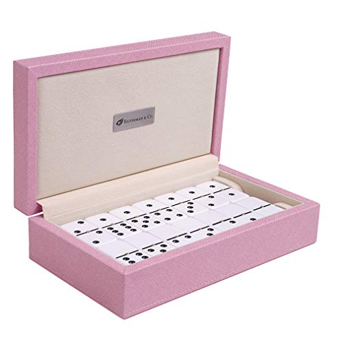 Double 6 Large White Domino Set con Estuche Rosa