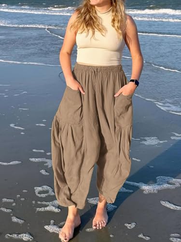 Akivide Women Casual Linen Pant High Elastic Waist Wide Leg Long Pant Drawstring Loose Beach Lounge Trousers with Pocket2