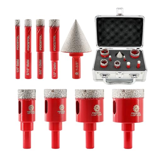 FOCSTOL Juego de Brocas Diamante - 9 piezas 6/8/10/12/20/25/32/35mm Fresa Diamante con Mango Redondo+35mm Brocas Chaflán Biselado con Mango Hexagonal para Porcelanico Cerámica Mármol Granito