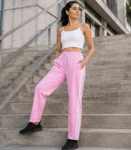 Image of London Hills Women's Regular Fit Mid Rise Cotton Blend Joggers Track Pants Striped Track Pants