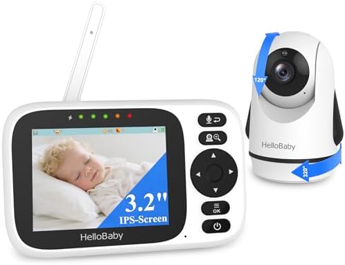 HelloBaby Babyphone mit Kamera ohne WLAN, 3,2 Zoll Bildschirm, 2 Wege Audio | 320° Schwenk, 120° Neige, Zoom, Temperaturanzeige, Nachtsicht, 305m Reichweite, ECO, 8 Schlaflieder, F