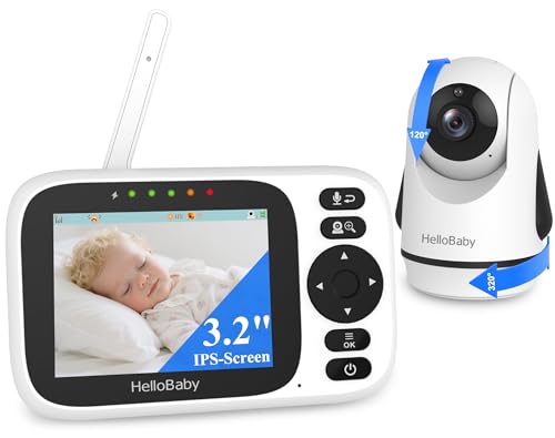HelloBaby Babyphone mit Kamera, ferngesteuertes Schwenk-Neige-Zoom Video Babyphone und 3,2'' IPS Bildschirm, 2 Wege Audio, Infrarot Nachtsicht, ECO, Babyfone ohne WLAN, Temperatur, 8 Schlaflieder