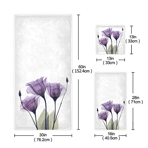 Naanle 3-Piece Towel Set,Purple Flower With Bud Leaves Bath Towel Sets, 1 Bath Towel, 1 Hand Towel, 1 Washcloth, Violet Floral Print Absorbent Soft Towels Quick Drying For Bathroom #TOP1