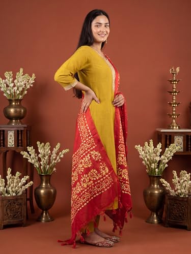 Image of INDO ERA Women's Silk Blend Embroidered Sequinned Kurta & Pant with Dupatta Set