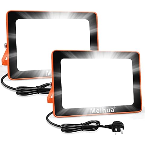 MEIHUA 2 Pack LED Floodlight Outdoor 15W, Work Lamp 1200LM Work Light 6500K Cold White Security Light IP66 Waterproof Wall Lights for Home Lighting Garden Garage Workshop Job Site Light with UK Plug Cover