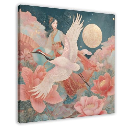 Art mural asiatique floral haut de gamme, tableau grue et femme en robe de soie sur toile