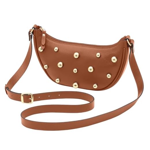 Mariart Pequi Bolsa Shoulder Transversal Feminina de Couro Bovino Legítimo c/Bolinhas Metálicas (Camel)