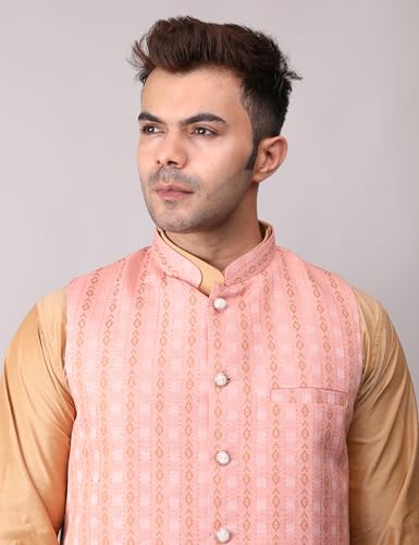 Image of Men's Cotton Silk Blend Regular Kurta Pyjama, Embroidered Nehru Jacket /Waistcoat Set