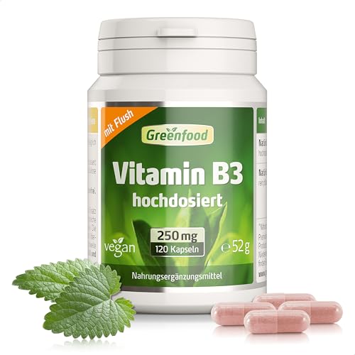 Vitamin B3 (mit Flush!), hochdosiert, 250mg - 120 Kapseln, vegan. Niacin - für Energie, Balance und Vitalität. OHNE künstliche Zusätze - laborgeprüft. Von Greenfood.