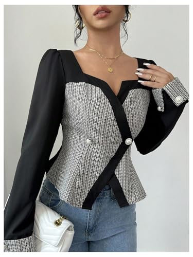 GORGLITTER Women's Color Block Double Breasted Blazer Puff Sleeve Wrap Notch Neck Cardigan4