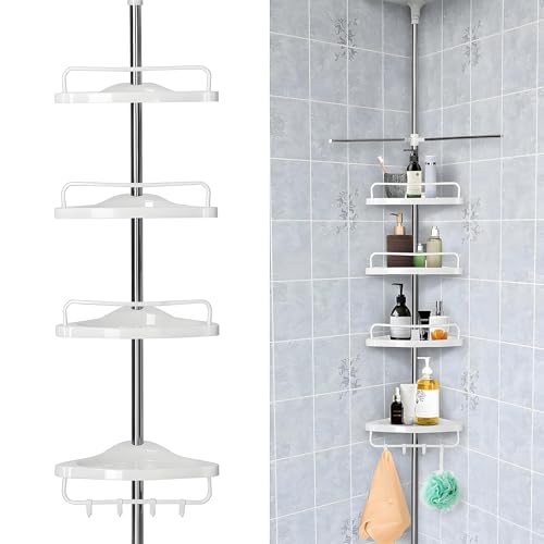 JF HOME BLISS 4-Tier Adjustable Telescopic Shower Caddy 125-325cm Corner Bathroom Shelf Organizer with Drainage Holes Rust-Proof Stainless Steel & ABS Plastic No-Drill Installation