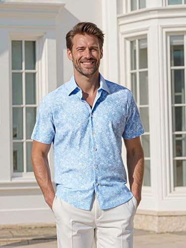 AOTIK Mens Hawaiian Shirt Short Sleeve Button Down Cotton Floral Shirts Casual Tropical Beach Summer Shirts Large LightBlue - Image 3