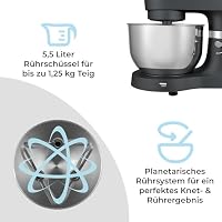 KLAMER Küchenmaschine Classic 1400 W – 5,5 L Rührschüssel aus Edelstahl, Knet-, Rühr- & Schneebesenaufsatz, Timer & LED-Display, stabile Saugnapffüße, ideal für Brot-, Kuchen- & Pizzateig – Ansicht 6