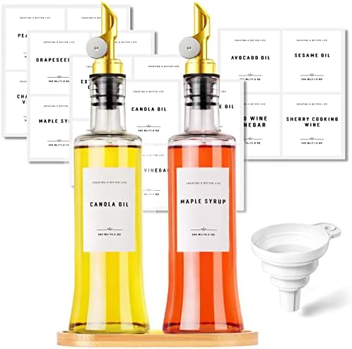 Olive Oil Dispenser Bottle with Bamboo Tray, GIXSEGIE Oil, and Vinegar Dispenser Set w.Gold Pour Spout, Coffee Syrup Dispenser, Olive Oil Cruet Cooking Oil Dispenser, Oil Container Bottles for Kitchen
