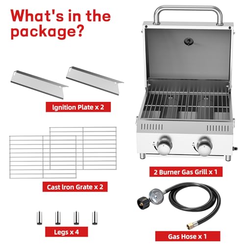 Image of Veralune Tabletop Gas Grill, Small Propane Grill, Portable 2 Burner Gas Grill, Locking Lid, 20,000 BTUs, Built-in Thermometer, Stainless Steel