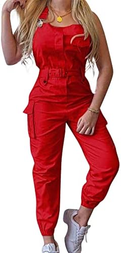 Women's Sleeveless Cargo Overalls Adjustable Straps Belted Jumpsuits Beam Foot Stretch Casual Fashion Bib Pants (Red, L)