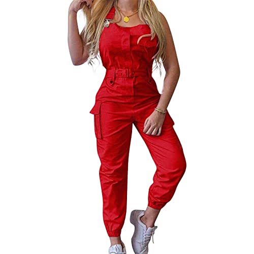Women's Sleeveless Cargo Overalls Adjustable Straps Belted Jumpsuits Beam Foot Stretch Casual Fashion Bib Pants (Red, L) #TOP2