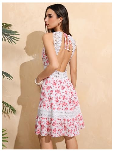 Image of Floerns Women's Contrast Lace Sleeveless Halter Dress Backless Vacation A Line Dress