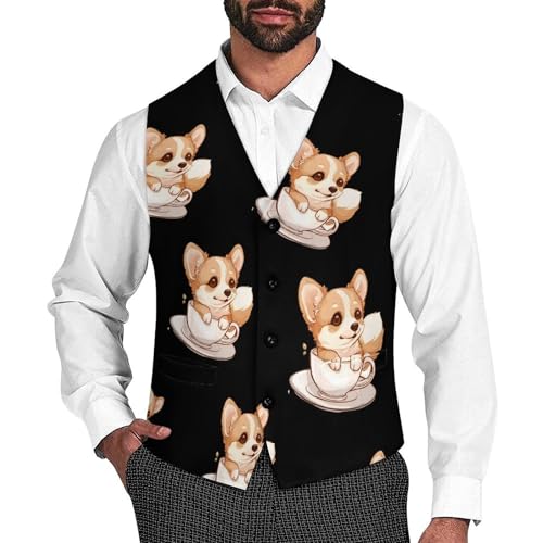 Corgi Corgffee Cute Mens Slim Fit Suit Vest Dress Waistcoat Casual Business Vest