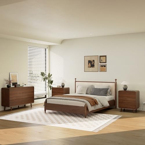 Image of Nasonet Nightstand with Charging Station, Large Mid Century Modern Nightstand with 3 Drawers, Wood Bedside Table for Bedroom, Curved Beveled Design, Walnut