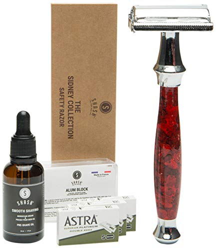 SHASH Sidney Collection Double Edge Butterfly Safety Razor, Red - Reduces Nicks and Cuts - Includes Astra Blades, Alum Block and Preshave Oil - Premium Quality Brass and Chrome