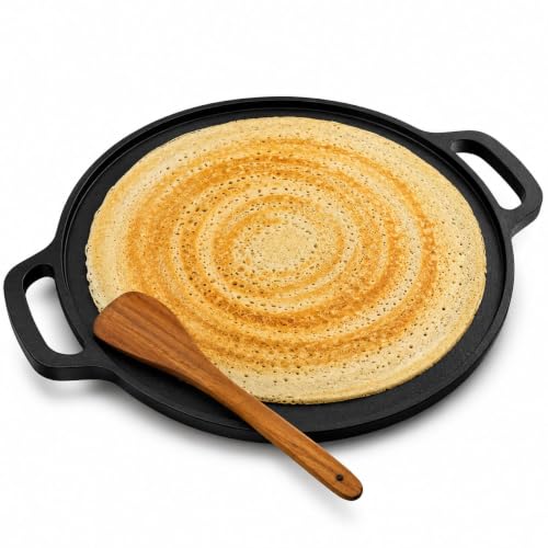 Image of Solimo Cast Iron dosa tawa Pre-Seasoned Cast Iron Dosa Tawa 30 cm | Heavy Roti /Chapati Tawa for Gas & Induction | Chemical-Free, Naturally Non-Stick Pan with Wooden Spatula (Flat Tawa)