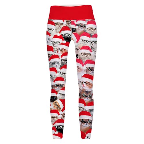 Generisch Leggings navideños para mujer con divertido estampado de gatos, pantalones elásticos de cintura alta, leggins divertidos para vacaciones con gatos en gorros de Navidad, Style_s01 Red, S
